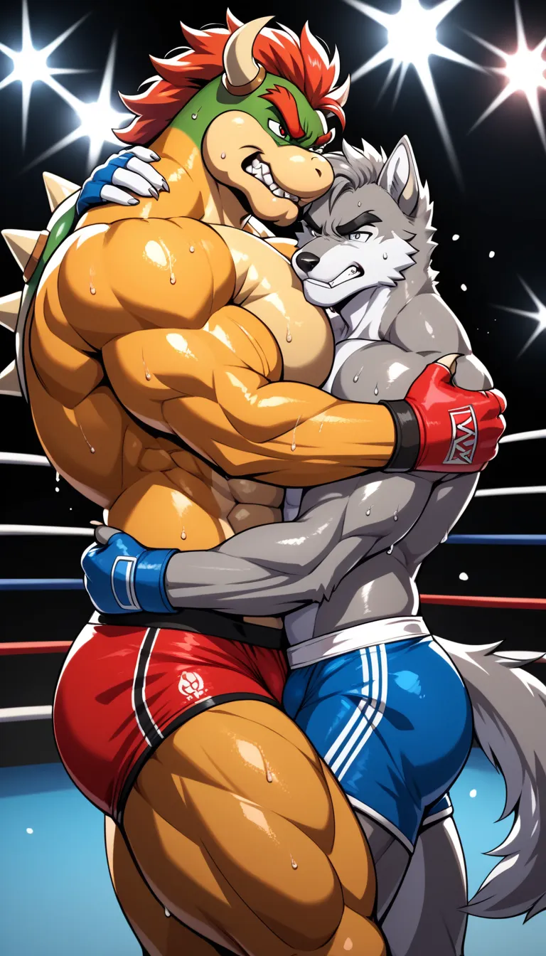 Duo anthro male(anthro Gray Wolf vs anthro Orange Bowser), handsomes(handsome hairstyles, Thick eyebrows, detailed face), [anthro Gray Wolf: big muscle body, angry], [anthro Orange Bowser: Big muscle body, muscle abs, growling, angry], Position(Cuddling fu...