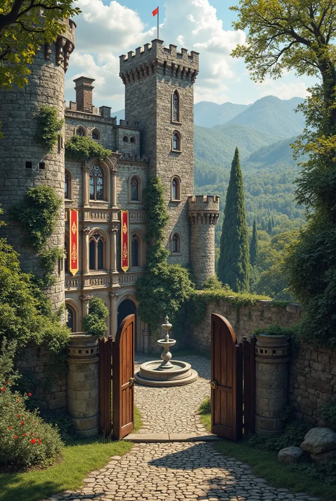 A grand medieval castle inspired by the setting of Florante at Laura, surrounded by lush forests and towering trees. The castle features tall stone walls, intricate archways, and a majestic tower overlooking the landscape. Ivy climbs the walls, and banners...