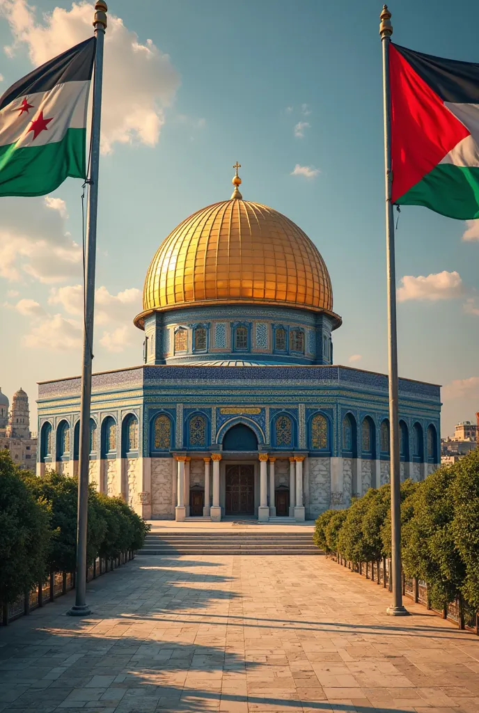 Dome of the Rock with the Syrian and Palestinian flags on both sides