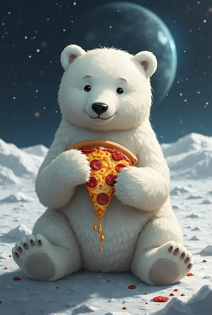 White bear on the moon eating pizza