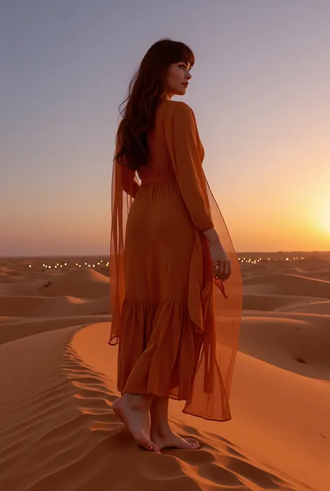 A **hyper-realistic, adventurous desert shot** of a **lightly curvy woman with long, wavy dark red hair and soft bangs**, standing atop a **golden sand dune in the Lompoul Desert, Senegal**, gazing out over the vast landscape as the **sun sets in brilliant...