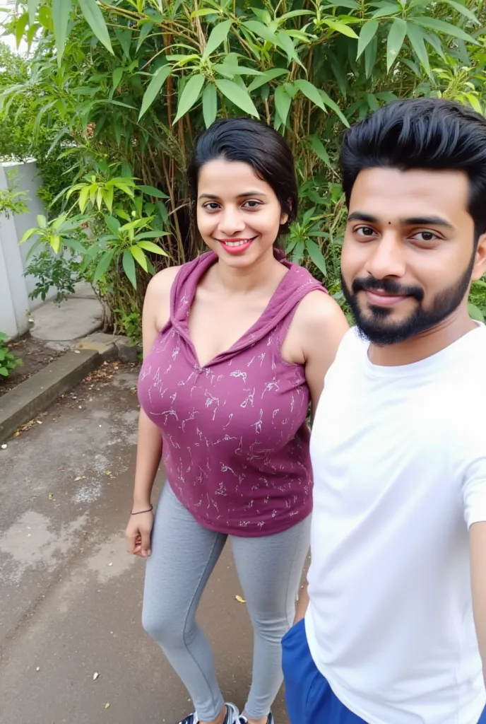 Selfie, point of view, kerala straight couple at home outdoor.Female is with chubby face broad jawline,wet black hairs,No make up face,no lipstic lips,, huge  voluptuous breast curvy,weared dark  pink printed sleeveless low neck sweatshirt with hoodies and...