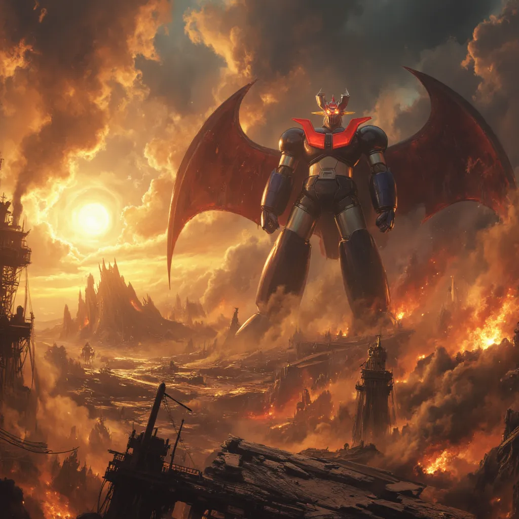 Mazinger Z with huge black and silver limbs  ,   a very realistic version of Mazinger Z and is 100 meters tall,Shoot at the scattered light of a destroyed city 、 the sun shines　 Mount Fuji　Punch pose where you stand on one knee and stretch your right arm f...