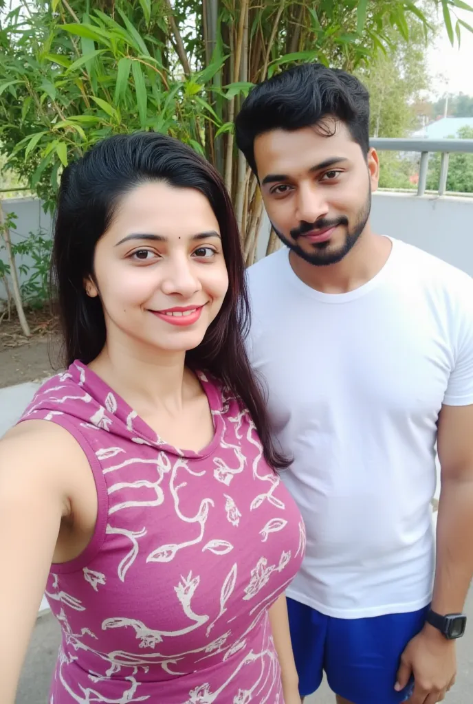 Selfie, point of view, kerala straight couple at home outdoor.Female is with chubby face broad jawline,wet black hairs,No make up face,no lipstic lips,, huge  voluptuous breast curvy,weared dark  pink printed sleeveless low neck sweatshirt with hoodies and...