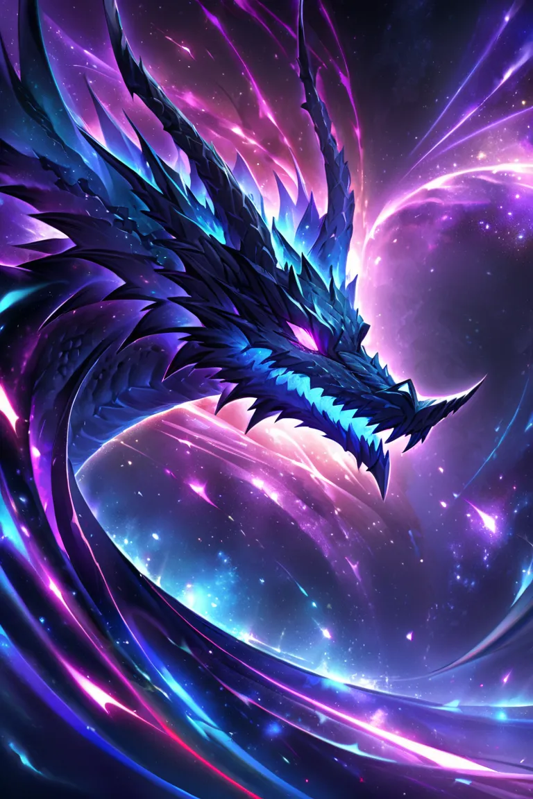 Create a dazzling dragon cosmic scene featuring a space dragon with an evil mouth ,nebula-like formations, luminous celestial bodies, and interlocking luminous waves of energy, illuminate the dark space with dim and vibrant blues and purples. of amazing an...