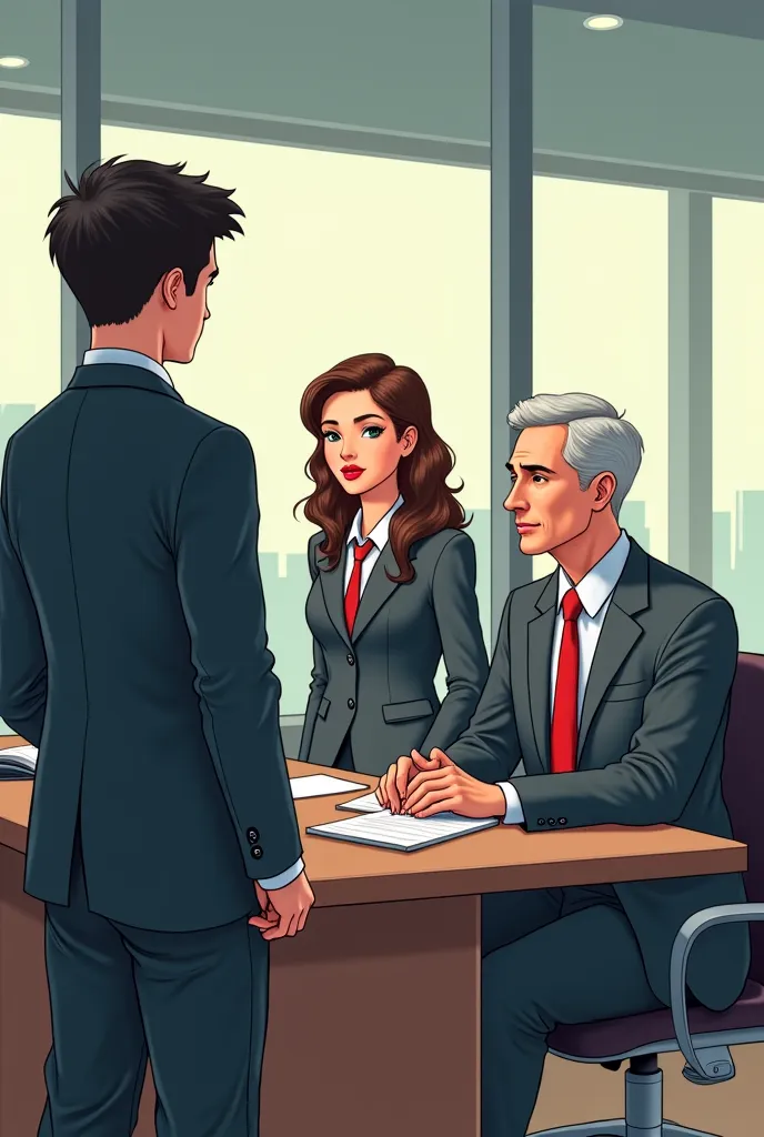 semi-realistic digital illustration with modern comic touches of an office meeting with 3 people, a 25-year-old boy and a girl and another man older than 59 years old, serious and wearing a gray suit ,   she with brown hair with long waves green eyes , dre...