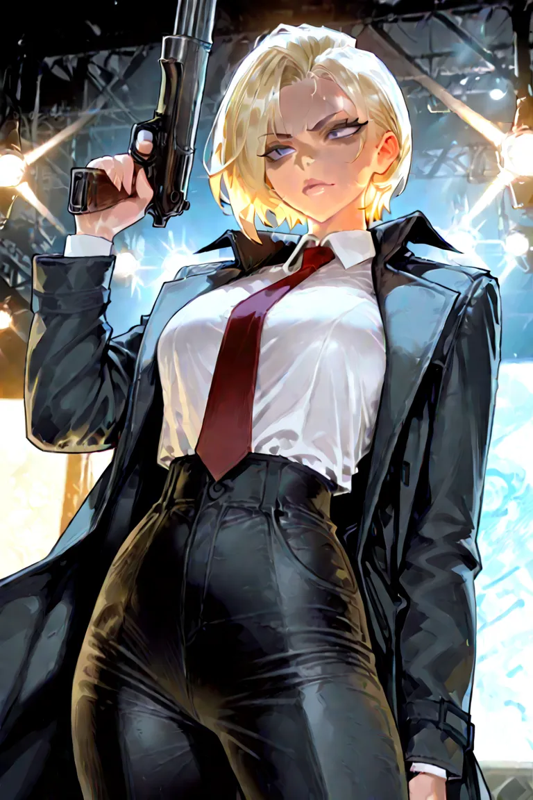 1 girl, blonde tall girl with sharp facial features and blue eyes, short hair, black trench-coat with red necktie and white shirt, long black pants, high-tucked, badass woman, holding gun in one hand, posing cool, slim body, handsome face, Masterpiece, bes...