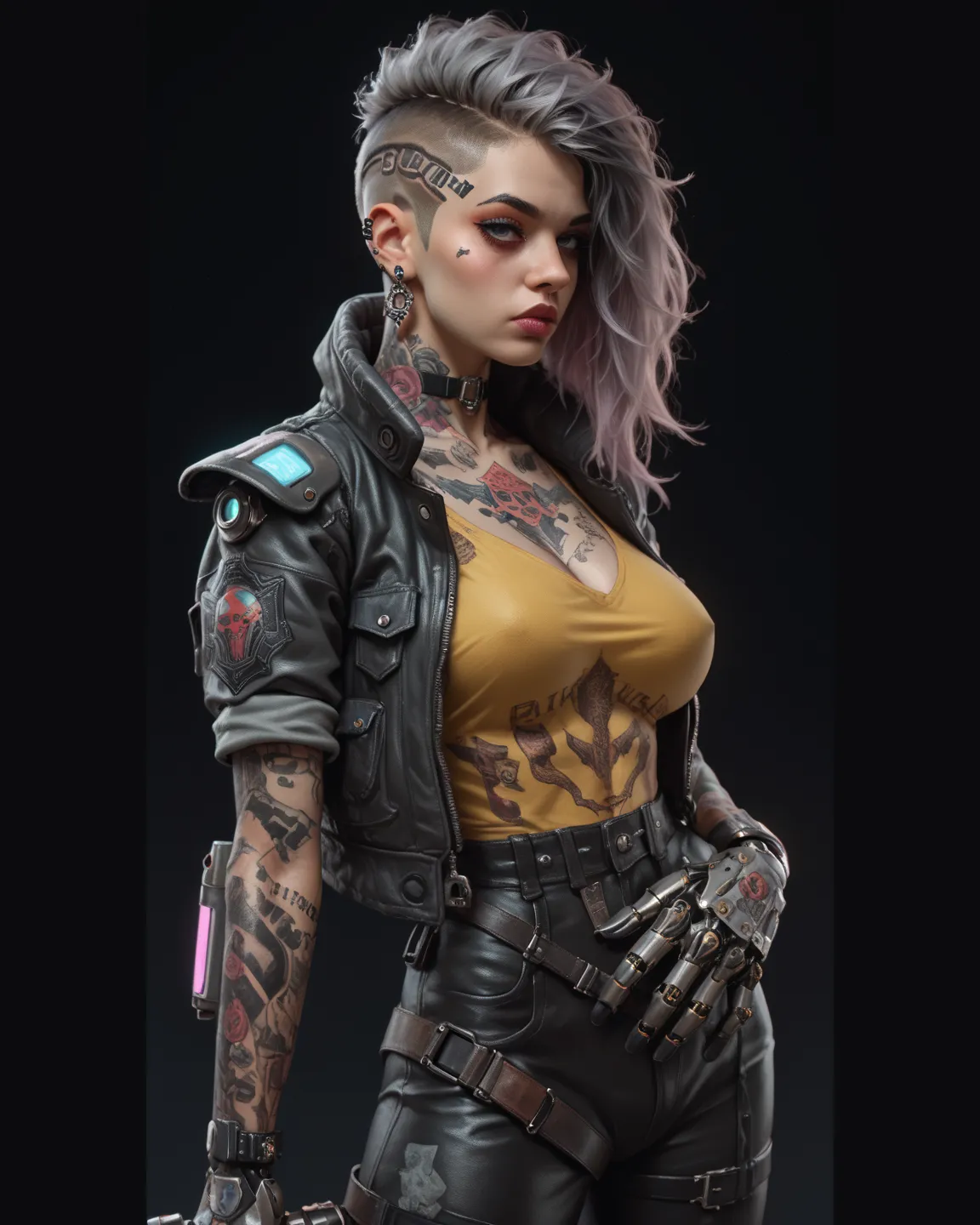 a woman with tattoos and a leather gothic outfit holding a gun, 1girl, cyborg, solo, asymmetrical hair, undercut, cyberpunk, nose, mechanical arms, huge breasts, jacket, jewelry, earrings, realistic, dark skin