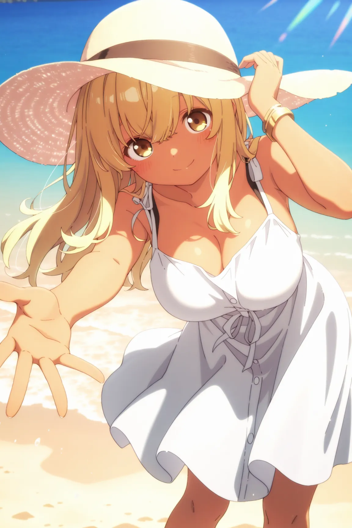 1girl,solo,cute,kana_higa,long_hair,blonde_hair,yellow_eyes,brown_eyes,dark-skinned_female,large breasts
BREAK white dress,sun hat,bracelet
BREAK standing,leaning forward,outstretched hand
BREAK beach,sand,smile,
,BREAK masterpiece,best quality,very aesthe...