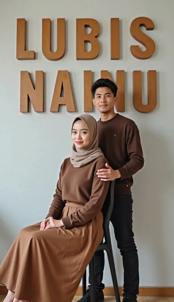 Malaysian couple pose for photo face focus face foreground beautiful malaysian woman wearing hijab wearing long brown skirt sitting on chair and her boyfriend standing behind her boyfriend ,wearing dark brown knitted shirt black skinny jeans wearing black ...