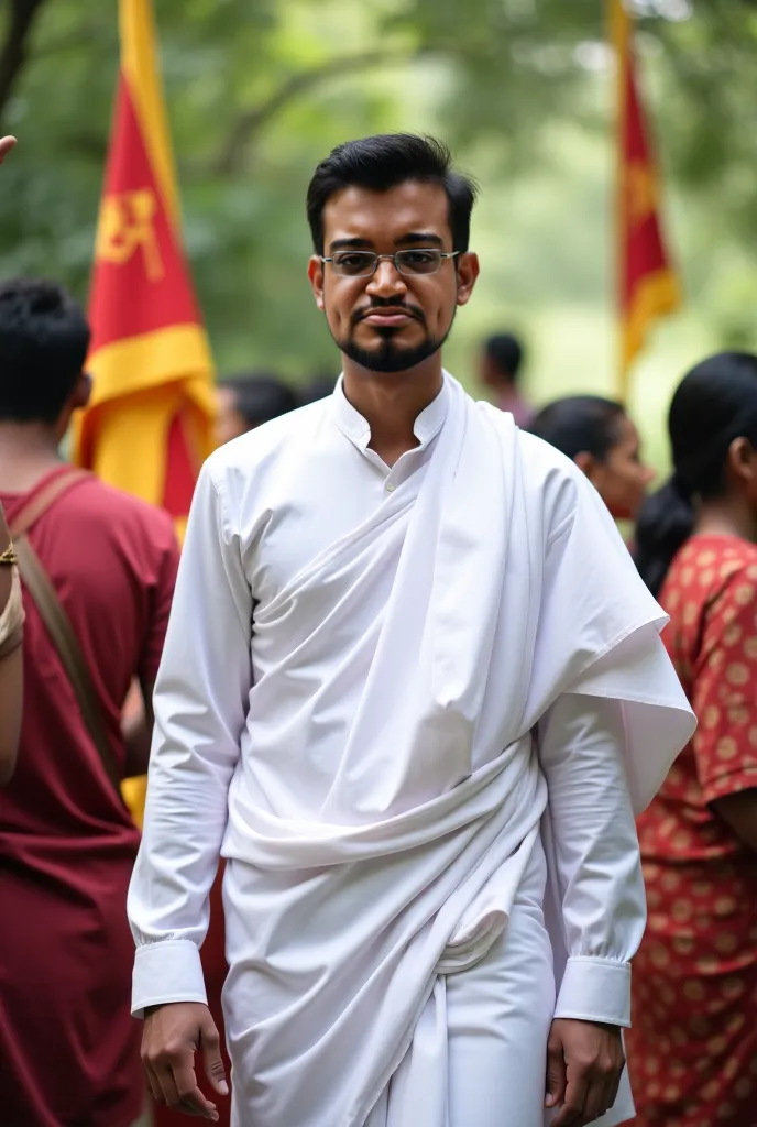 It features a 5.5-foot-tall, 65-pound man wearing a white saree and white shirt, and includes the Sri Lankan national flag and people in the background.