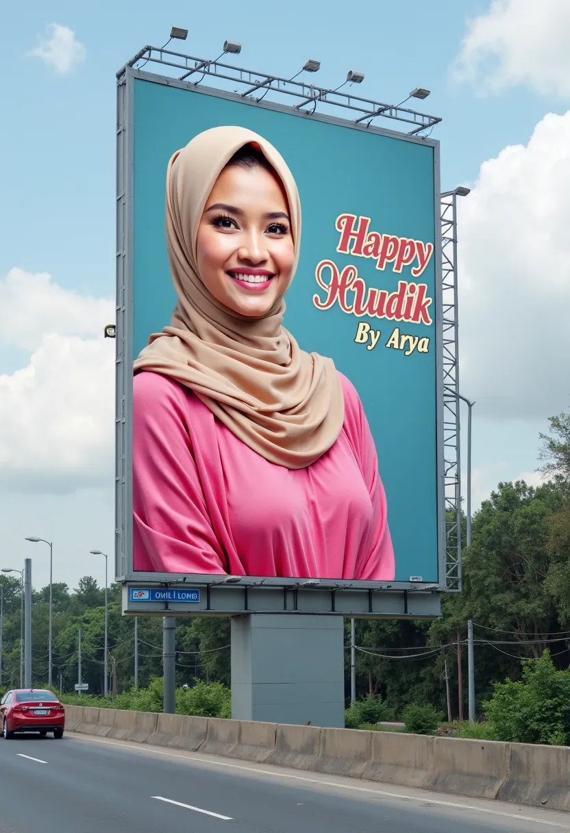 a giant billboard, standing firmly on the highway, in the board containing a picture of a beautiful Indonesian woman, beige hijab , smiling sweetly facing towards the viewer, wear a pink dress, next to it is written "HAPPY MUDIK by ARYA"