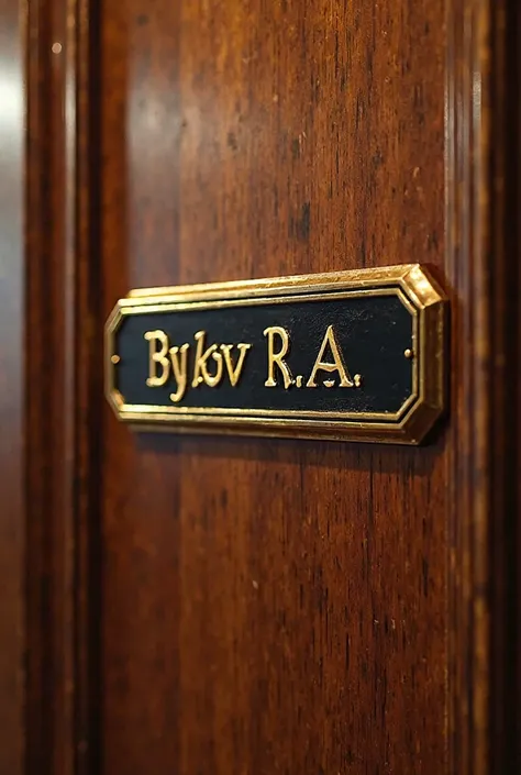 golden plate on the office door made of expensive wood with the inscription BYKOV R.a.