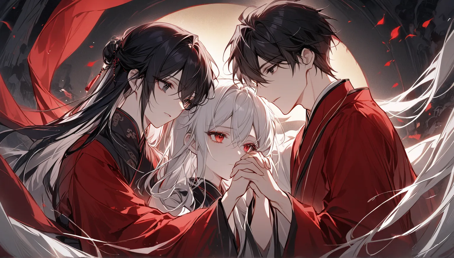 Draw a boy, handsome, black hair, black eyes, wearing dark blue Chinese ancient costume, gentle face holding hands with another girl, beautiful, white hair, red eyes, wearing dark red long dress, wearing dark red robe, exuding gentleness, tolerance. 