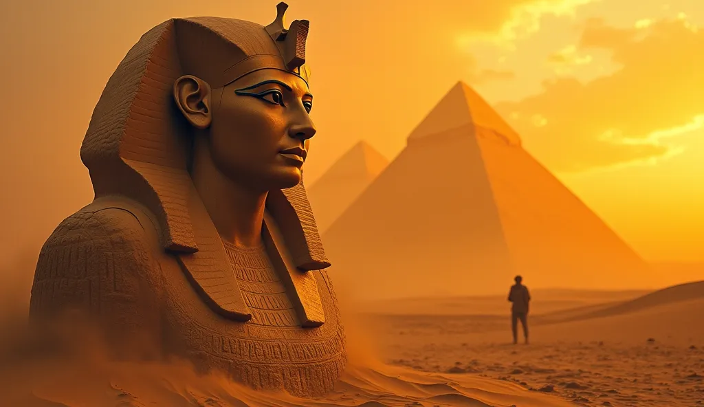 A colossal statue of Tutankhamun emerges from the sands of the Egyptian desert, partially buried and covered by ancient dust. His stony gaze seems to follow travelers who dare to approach. The orange sky at dusk illuminates the hieroglyphics engraved at th...