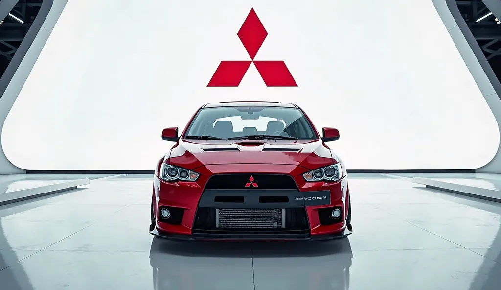 A captivating image of a (Mitsubishi Lancer Evolution XI )center stage in a luxurious white showroom. The futuristic, vibrant ( color) exterior gleams, showcasing its sleek, aerodynamic design and bold accents. The car ( full  straight front )  view highli...