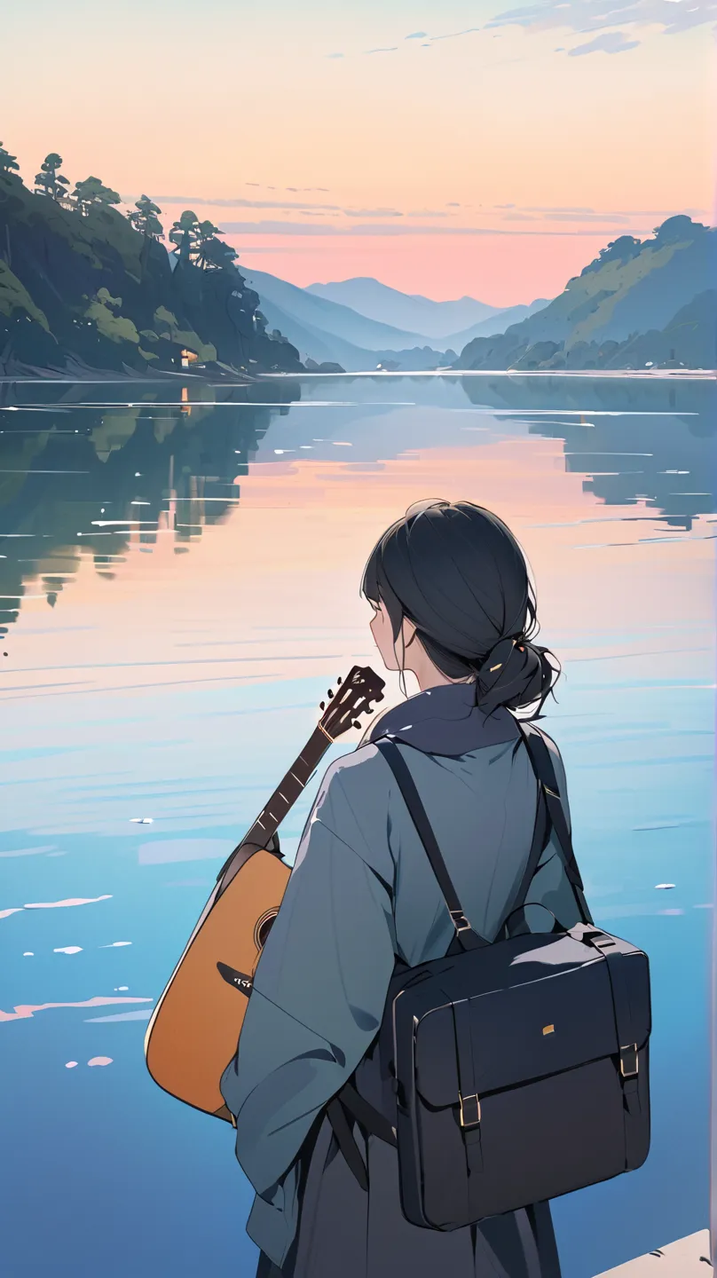 Beautiful illustration, close-up of a woman's face A man carrying a guitar case on his back looks at the distant scenery by a quiet lake. In the background is the morning sky and the soft light reflected on the water's surface.