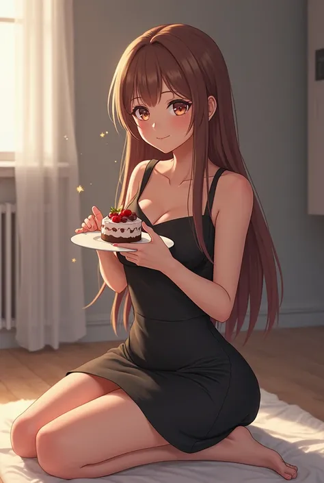 Girl sitting in the middle of a photo studio, long brown hair, wearing a fitted black dress and holding a dessert made by her hands, It's a photo for the cover of a magazine, anime style either 2d or 3d