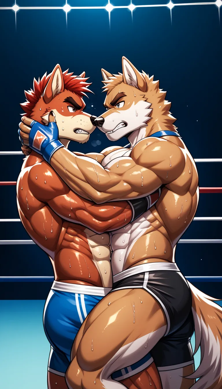 Duo anthro male(anthro German Sherped dog vs anthro Husky Dog), handsomes(handsome hairstyles, Thick eyebrows, detailed face), [anthro German Sherped dog: big muscle body, angry], [anthro Husky Dog: Big muscle body, muscle abs, growling, angry], Position(C...