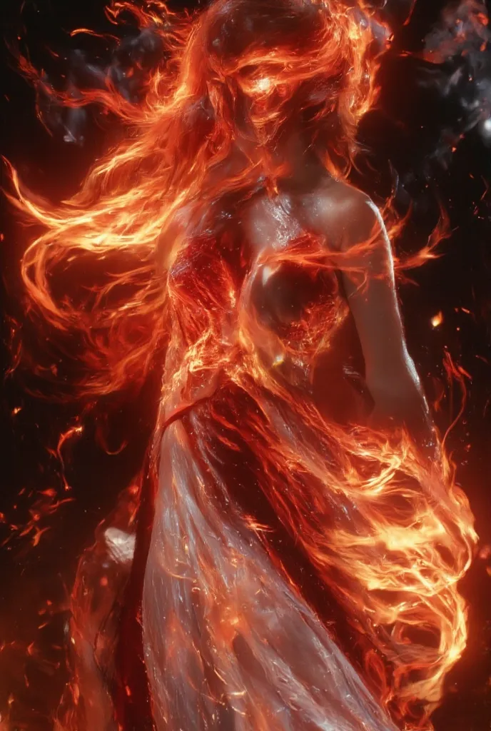 The smiling spirit of fire engulfed in flames all over the body((long straight red hair with fire))scowl the person((very very big eyes that glow red))beautiful, smooth, white, silky skin, very lean body、（Luxurious Fantasy Dress）、luxurious large tiara、Luxu...