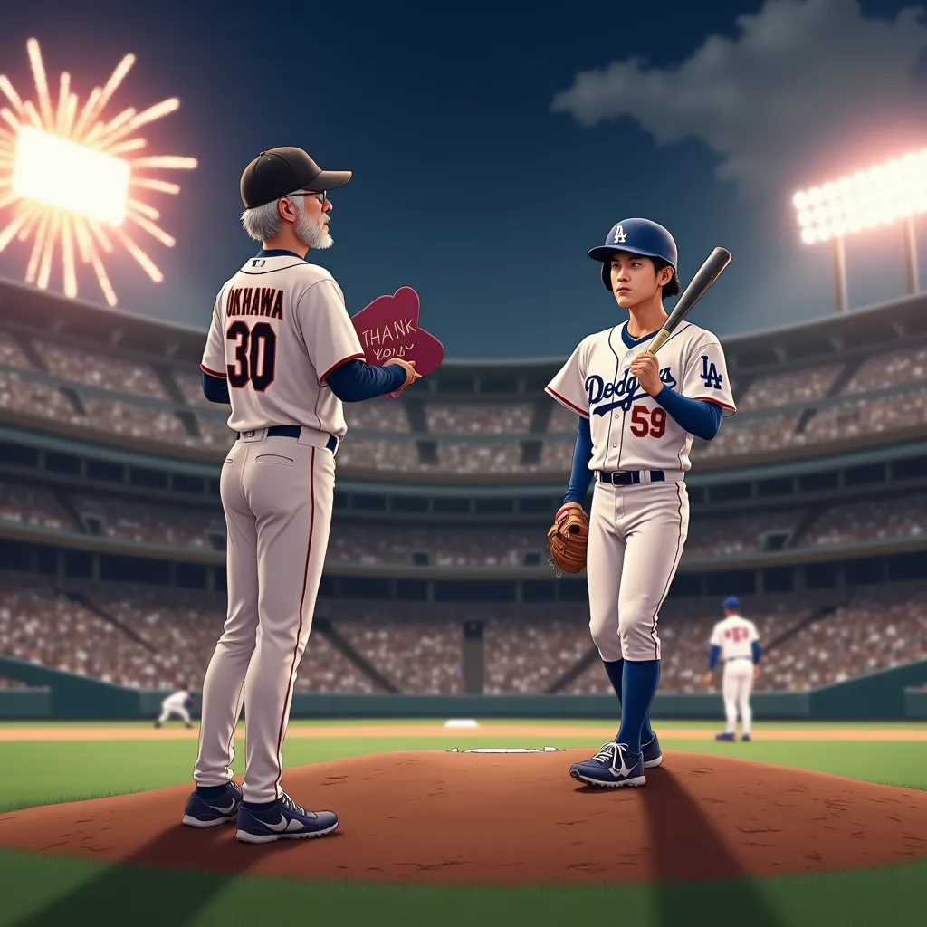 Photorealistic shot from second base: "Japanese Giants pitcher (50s, thick glasses, stubble, graying hair) releasing pitch to Shohei Ohtani in Dodgers uniform hitting home run, fireworks bursting above packed Tokyo Dome, catcher standing with heart-shaped ...