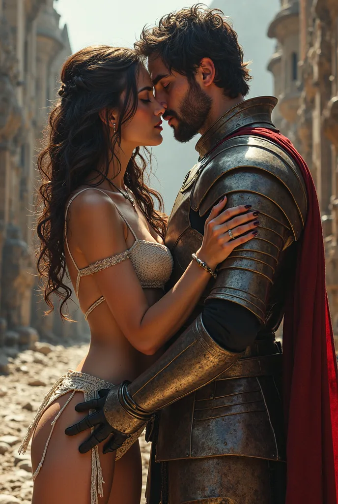 Women (extremely revealing, skimpy medieval costume) and men (magnificent armor) pose very intimately with each other in a castle, (epic medieval scenario), (fantasy masterpiece), (detailed faces and full-body shots), (atmospheric work), Best quality, [Ult...