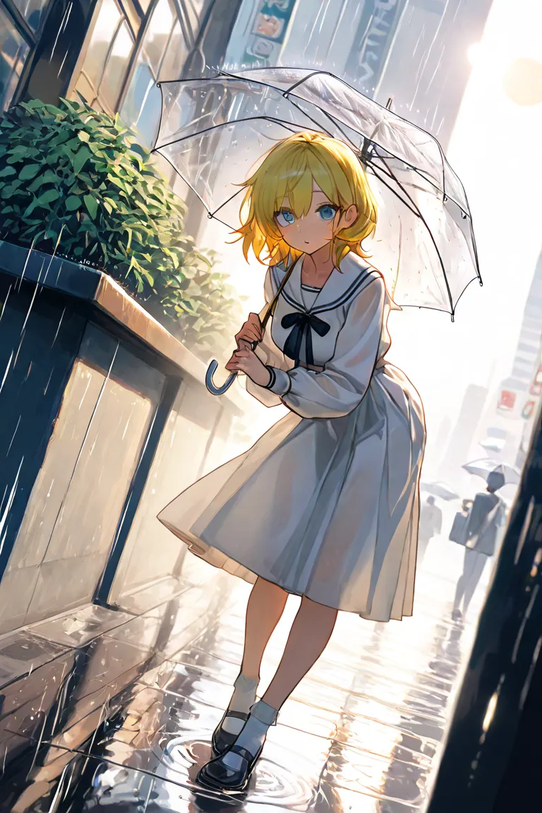 ,Wide angle photo. Masterpiece, Best quality 8K, amazing quality, very high resolution, very detailed face and eyes, movies, Dynamic angle, warm lighting,  holding a transparent umbrella ), Legend of the Yellow Tiger Under the Rain,  pretty girl , ,Japanes...