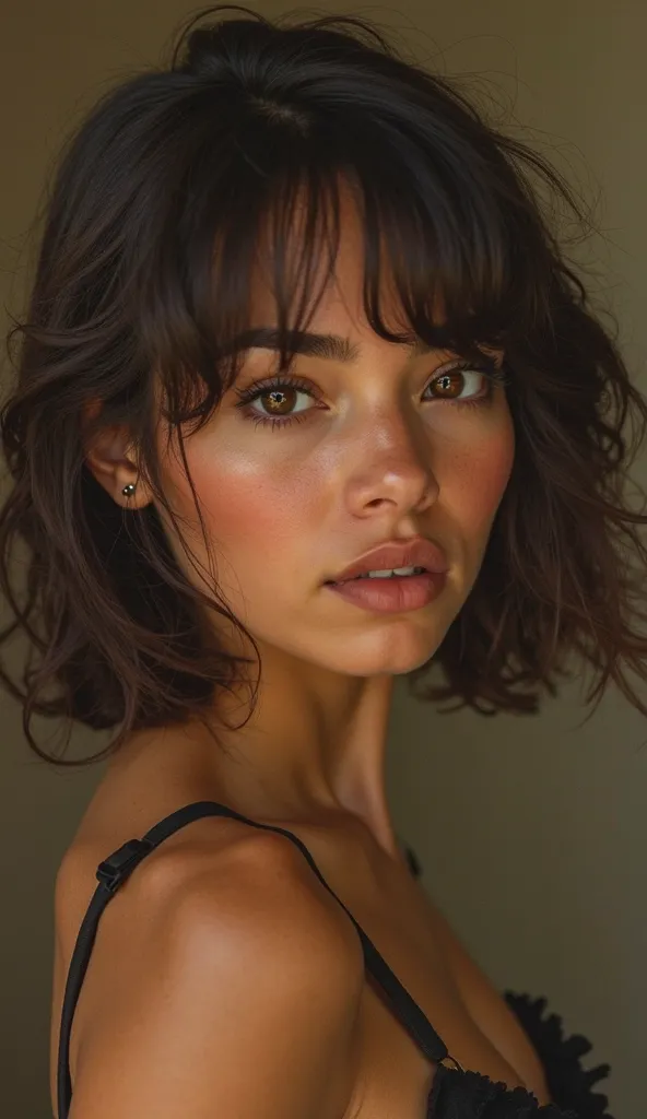 18 year old porn girl, Mexican, with striking features : dark brown hair, penetrating honey-colored eyes, a prominent forehead, a big, straight nose, and defined cheekbones, Full body , not thin. Her bob hairstyle is elegantly stylized with bangs. nude,  n...