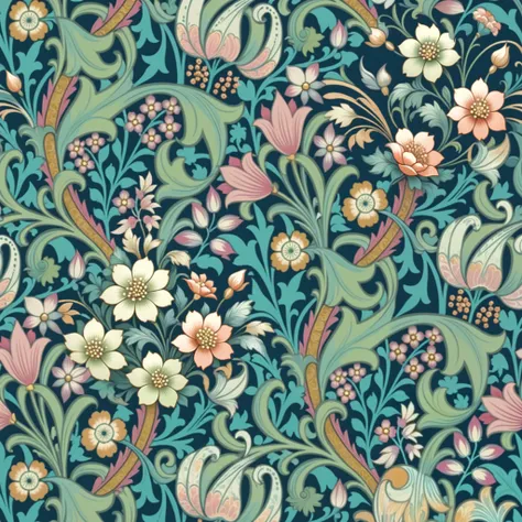 on dark blue background，Vibrant floral patterns，Ornate Art Nouveau。Flowers and leaves are displayed in fine curves and decorative patterns，Exquisite details。Flowers are pink、rice、Soft tones such as light green and orange，Leaves are different shades of gree...