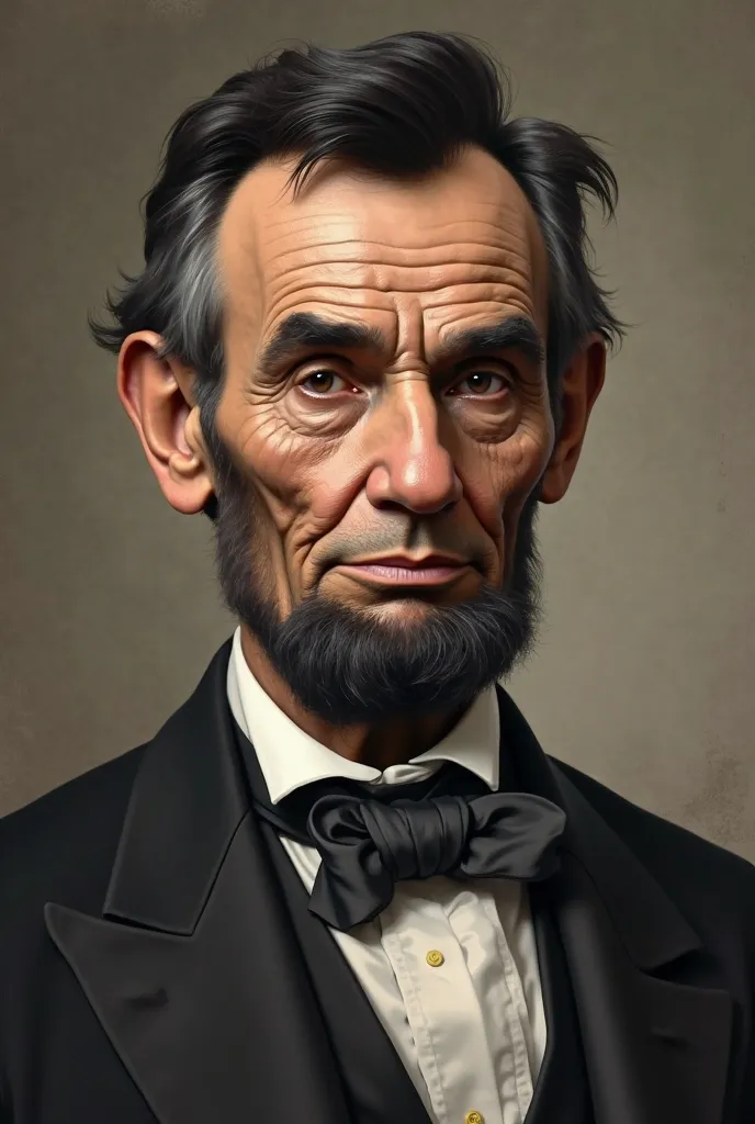 "A highly detailed and realistic portrait of Abraham Lincoln, the 16th President of the United States. He has a solemn and wise expression, wearing a black suit and a bow tie. His deep-set eyes, prominent cheekbones, and signature beard without a mustache ...