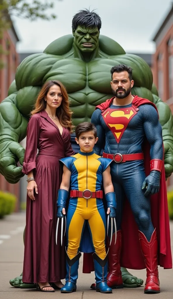 real photo, The young boy’s with wolverine costume school graduation photo with dad wolverine, mom jean gray (x-man), and hulk.