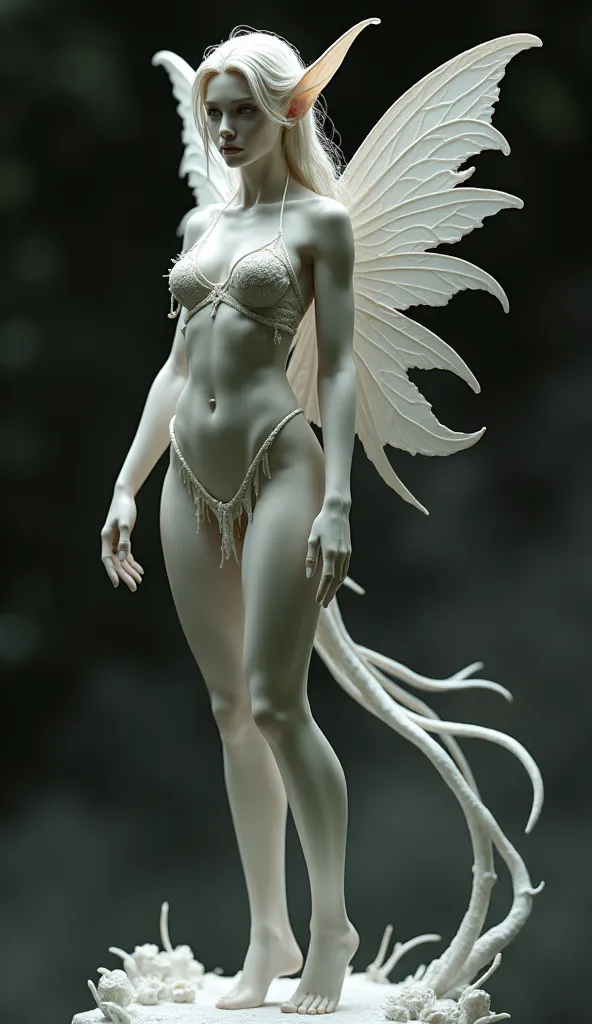    Beautiful fairy elf with long hair. Full-length with a slender figure and large wings. Idea for a sculpture, figurine       , sharp focus, high detail.