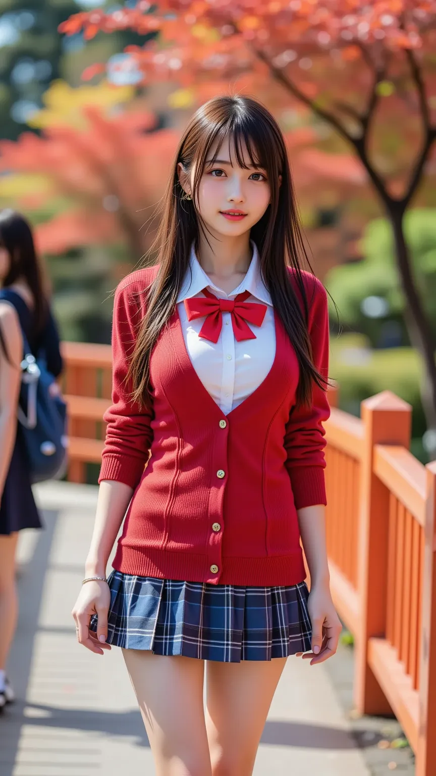 ((slingshot swimsuit)), ((Tiny swimsuit)), ((Sunburned Skin)), (Nipples, No areola),This is a high-quality photograph of a woman with a slim physique and fair skin, in school uniform. She is walking towards the camera. She is slightly turned to the right. ...