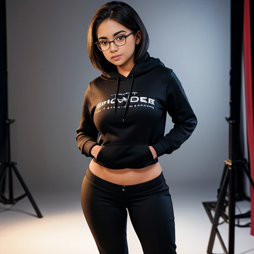 timid short cute busty  raven nyuugao Latina nerdy  girl, medium slightly wavy hair, cute detailed brown eyes, cutely detailed lips, cute highly detailed eyes and face, voluptuous breasts, thin thighs, thin hips, hoodie and black dickies pants, full body p...