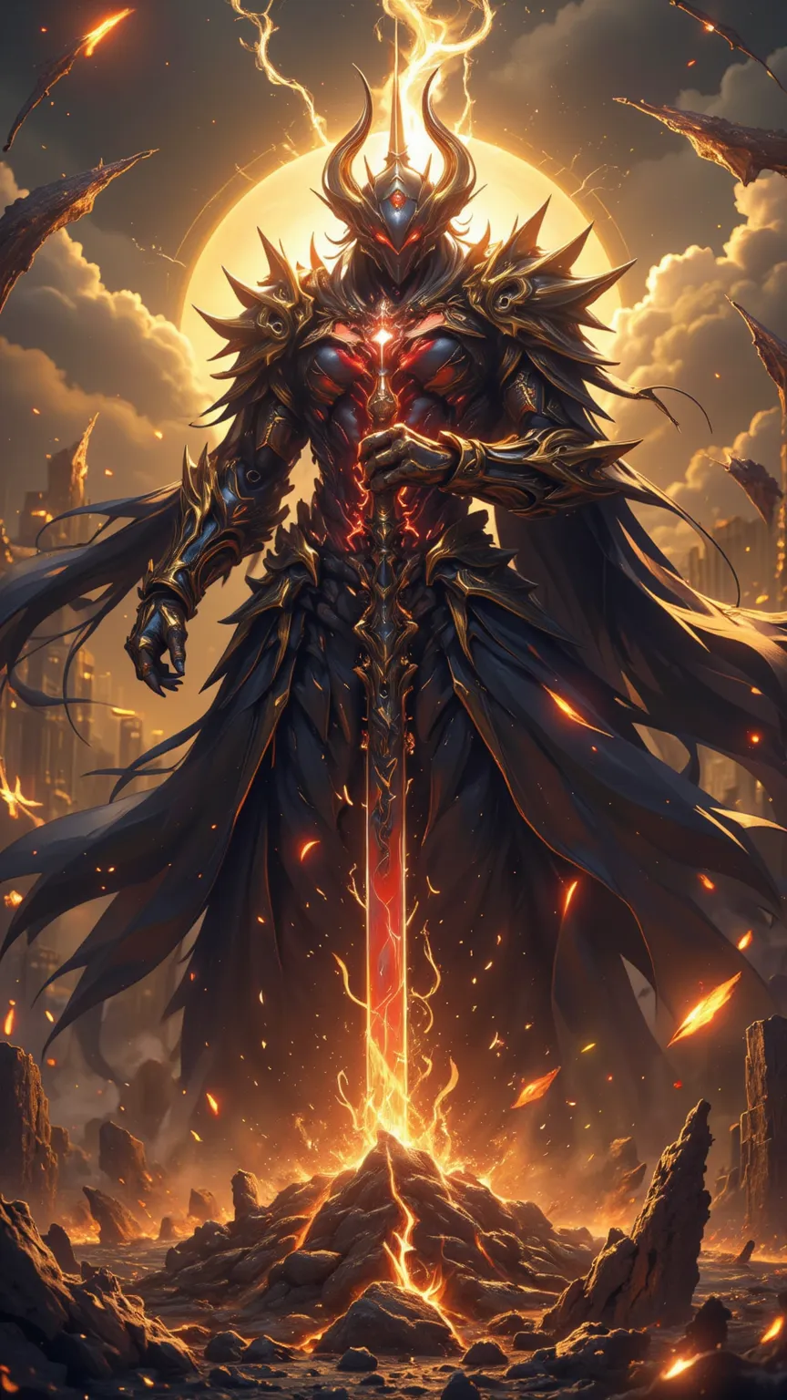 Envision Angra Mainyu, the primal embodiment of darkness and destruction from Persian lore, rising as the ultimate adversary of creation. See a towering, shadowy figure, his form a writhing mass of blackened smoke and molten crimson, crowned with horns tha...