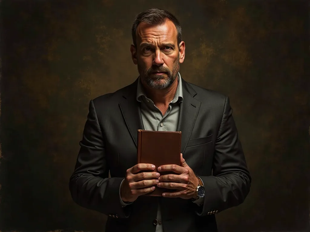 a man carrying heavy book, holding with both hands, thick book, heavy-looking face, detailed portrait, realistic, photorealistic, high resolution, sharp focus, dramatic lighting, moody atmosphere, warm color palette, oil painting, studio lighting, extreme ...