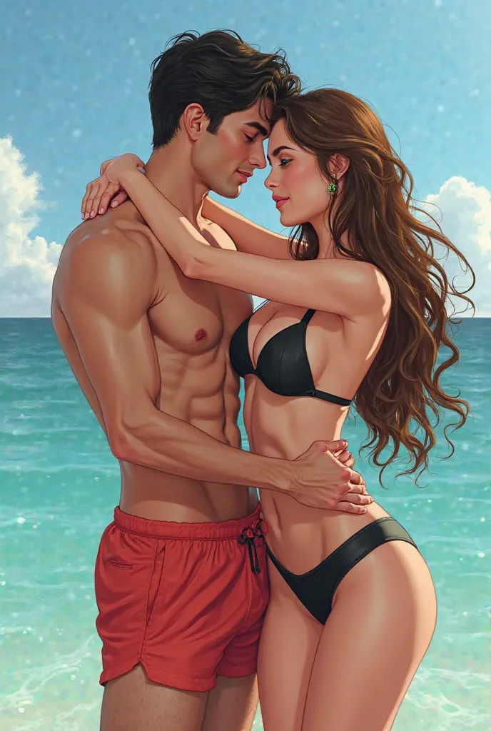 semi-realistic digital illustration touches of modern comics  , A couple embracing each other at sea  ,  she with brown hair with long waves green eyes ,  Dressed in a black bikini  , he black hair , brown eyes hairstyle dressed in red swimsuits