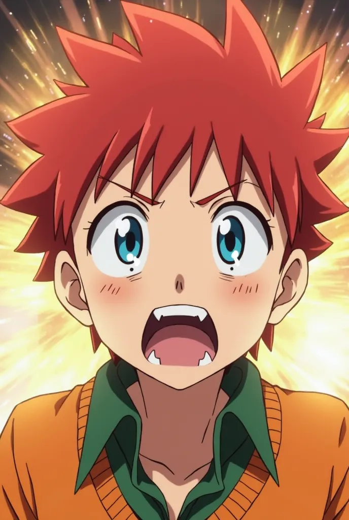 An anime-style male character with spiky red hair and bright blue eyes, looking extremely shocked. His eyes are wide, his eyebrows are raised high, and his mouth is slightly open in surprise. He wears an orange sweater over a green collared shirt. The back...