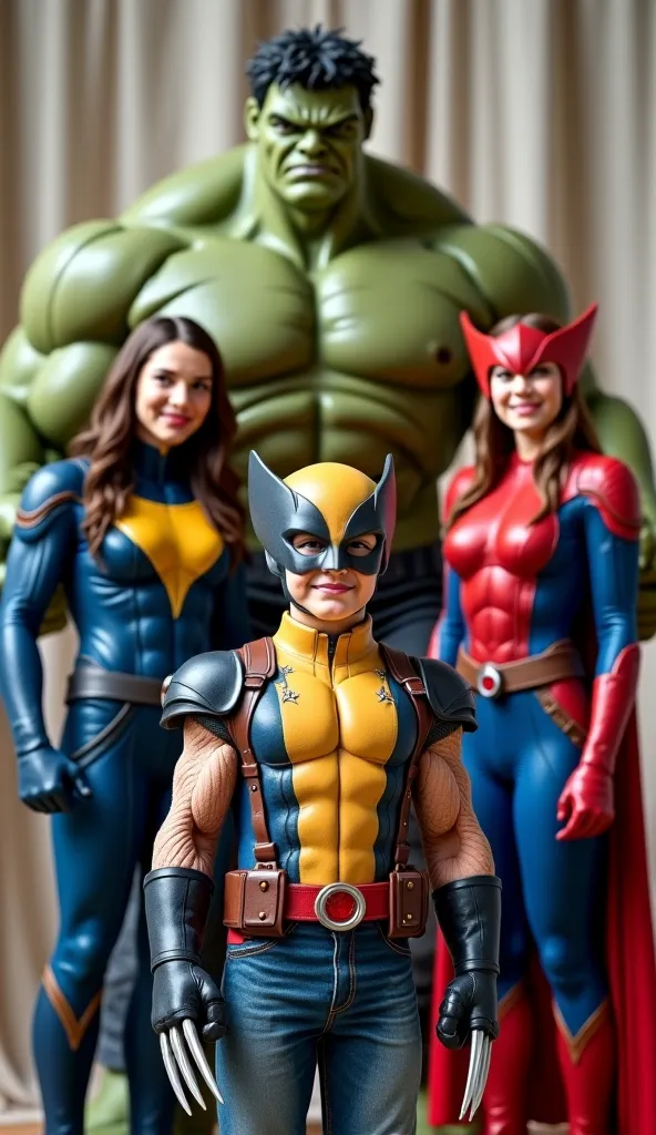 school graduation photo of The young boy’s with wolverine costume, with wolverine (x-man), mom jean gray (x-man), and hulk.