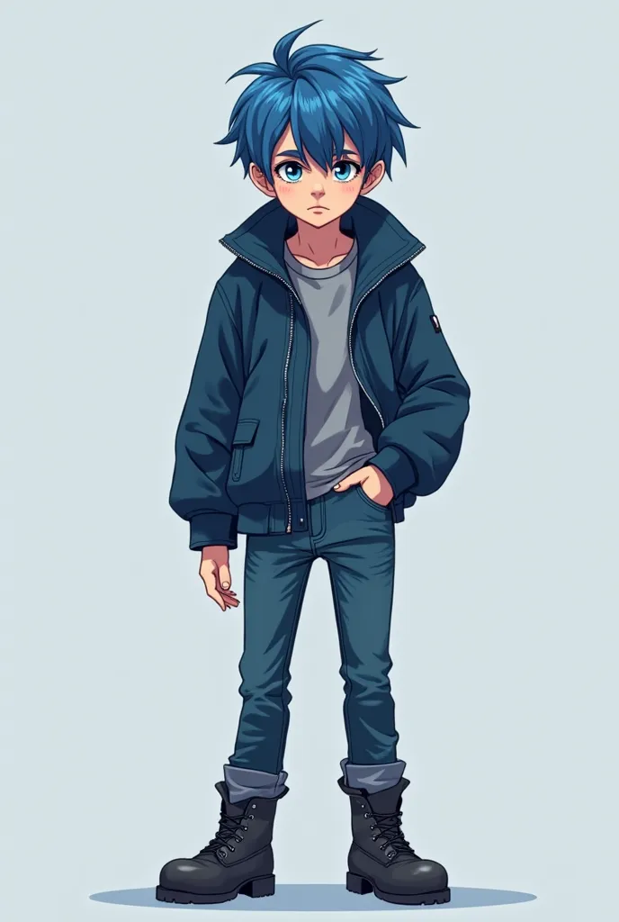 Create a character of a young boy with a natural human appearance, featuring sleek, short blue hair with a slightly messy yet sharp look. His eyes are a cool shade of blue, deep and intense, with a serious, focused expression that shows little emotion. He ...