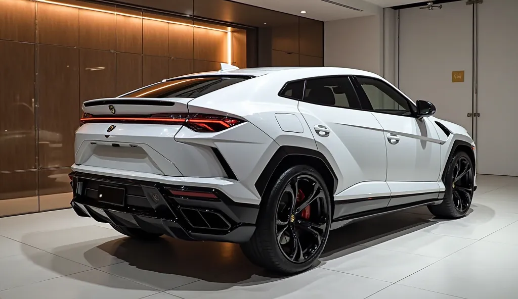 2025 Lamborghini Urus se luxury white with shine color luxury sedan showroom back till light complete view back 