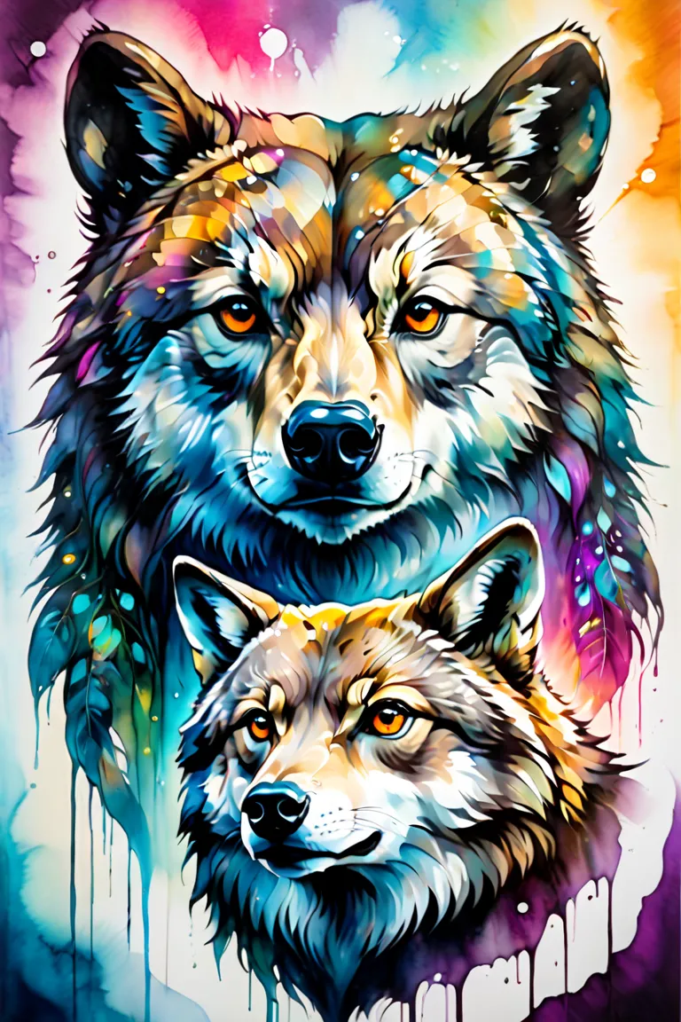 A image in double exposure oil and alcohol ink Style. Bear, Wolf, Owl and Deer in this image. Hyperdetailed. Saturated Colors. Best quality