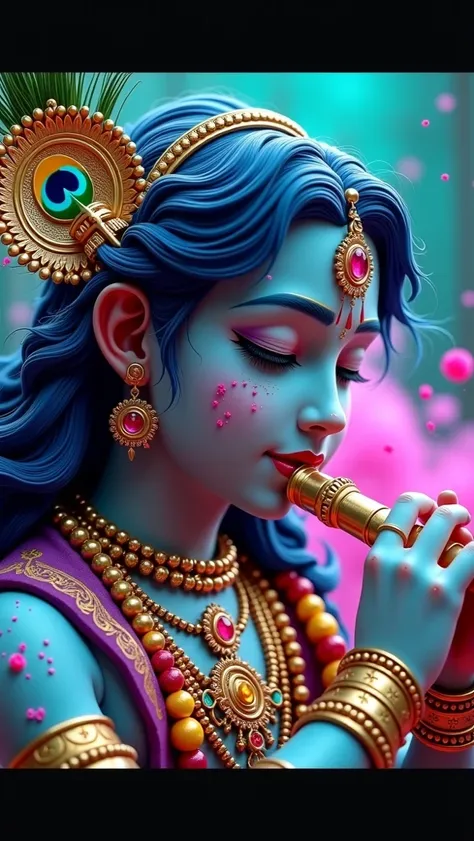 Create an intricate, hyper-realistic image of Lord Krishna playing the flute, surrounded by vibrant colors. Krishna's skin is a deep, mystical blue adorned with splashes of vibrant colors like pinks, purples, yellows, and greens, reminiscent of the Holi fe...