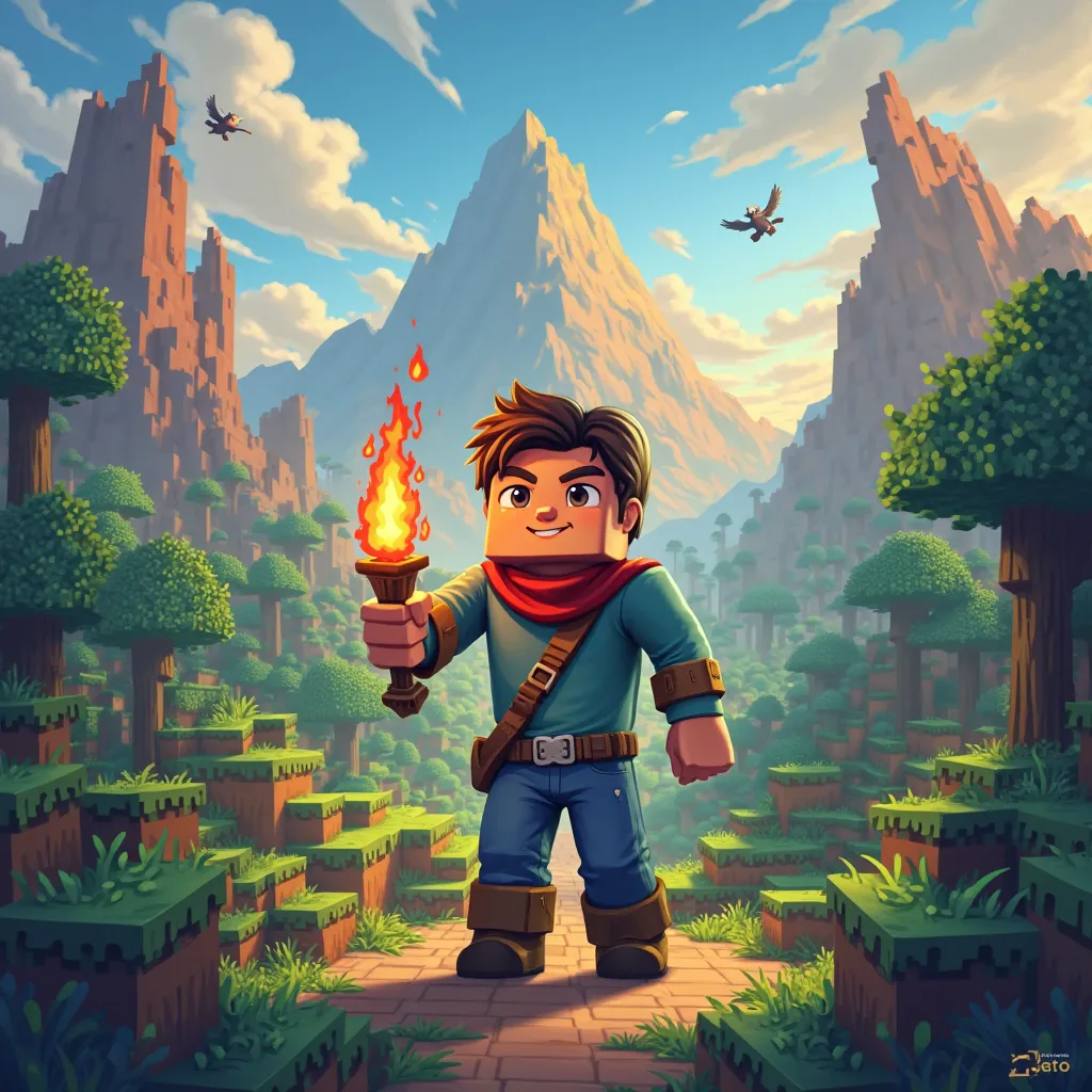 ** logo**: A torch-wielding Riley character or map, stands in front of a colorful Minecraft world.