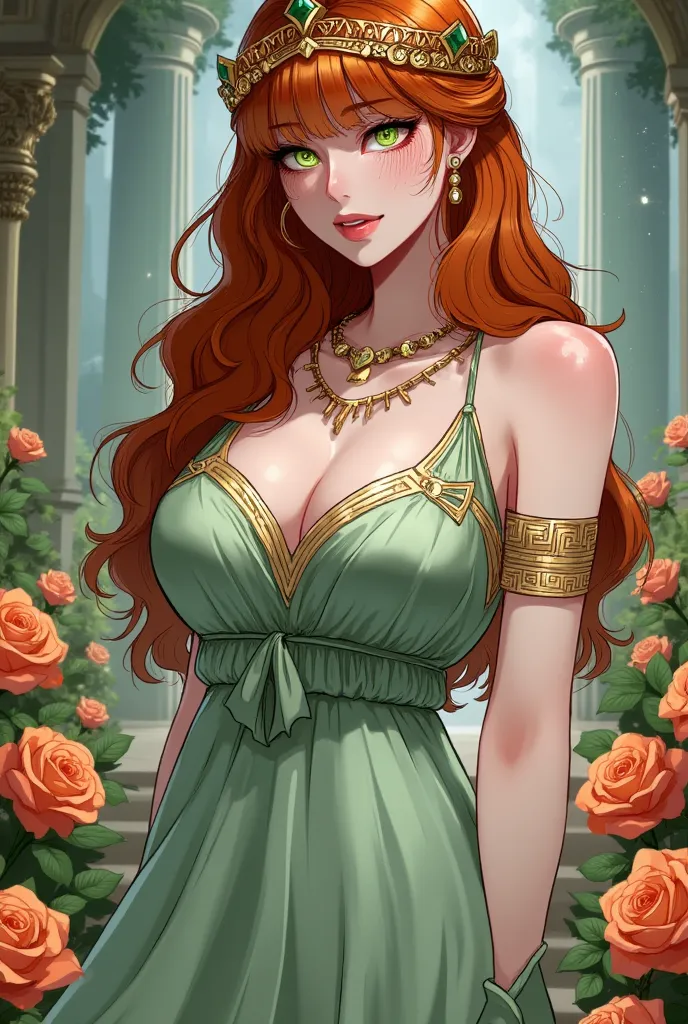 Create an image in the style of Korean manwha fanart anime with a very beautiful woman of 40 years old, green eyes and a lot of very long hair, very curly orange with bangs on her face with a little freckles on her cheeks, with a very voluptuous body and v...