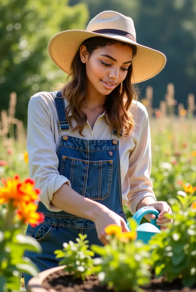 "A young woman is gardening in a peaceful outdoor setting. She is wearing denim overalls over a light-colored shirt, along with a wide-brimmed sun hat that shields her face from the sun. Her hands are in the soil as she tends to vibrant flowers or fresh gr...