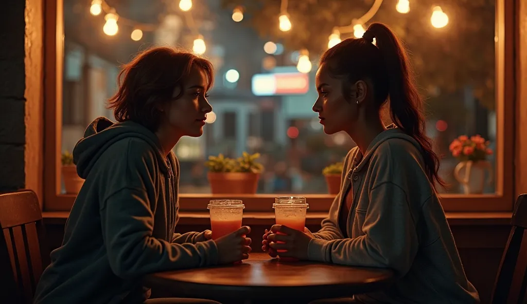 A cozy, dimly lit café in the evening. Two women sitting across from each other at a small table, both with smoothies. One woman (Emma) is slightly nervous, wearing a casual hoodie, with short to medium brown hair, light skin. The other woman (Jordan) is c...