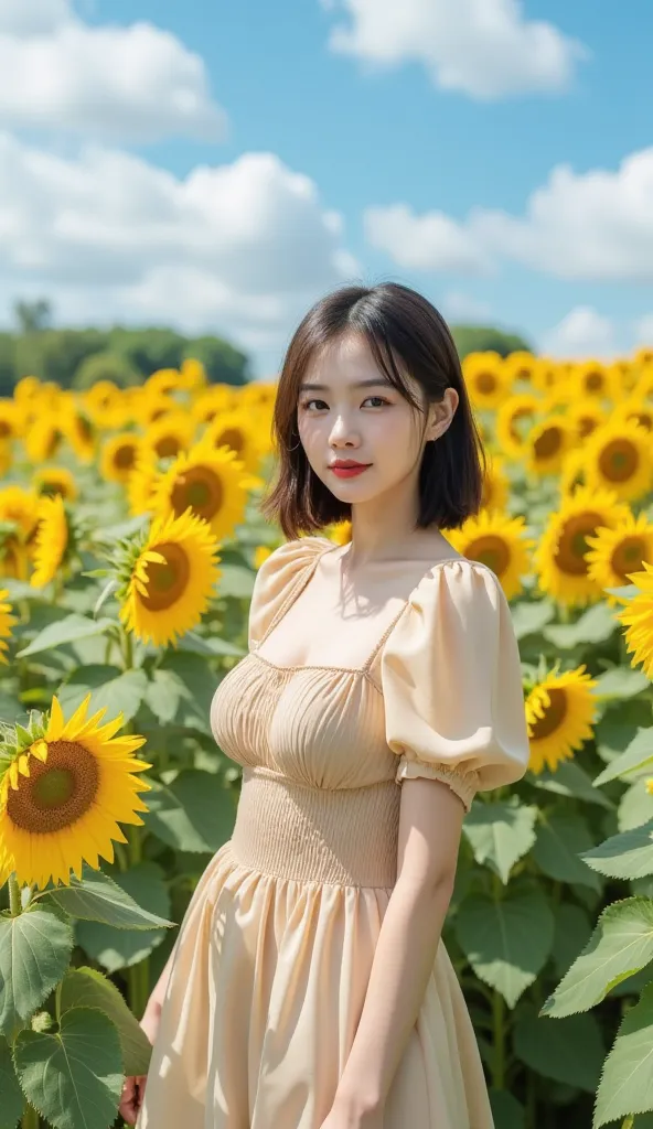 Art Photography，Ultra HD，High image quality，High Angle。A 20-year-old Japanese actress，Wear a short beige puff sleeve dress，with a waist design that highlights your curves，Soft and lightweight fabric adds a gentle and sweet feeling。Smiling transparent glass...