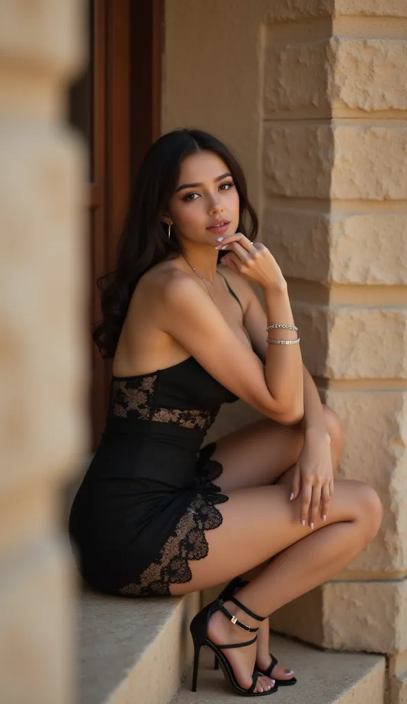 Young woman in an elegant, sophisticated pose wearing a strapless black lace dress, black strappy high-heeled sandals, neatly styled dark hair, subtle jewelry, seated gracefully on a stone surface, thoughtful expression with one hand on her chin, soft warm...