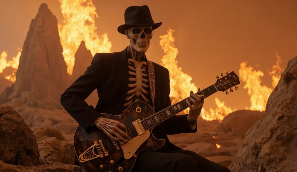 1 skeleton character wearing a smoking hat, hell, guitar